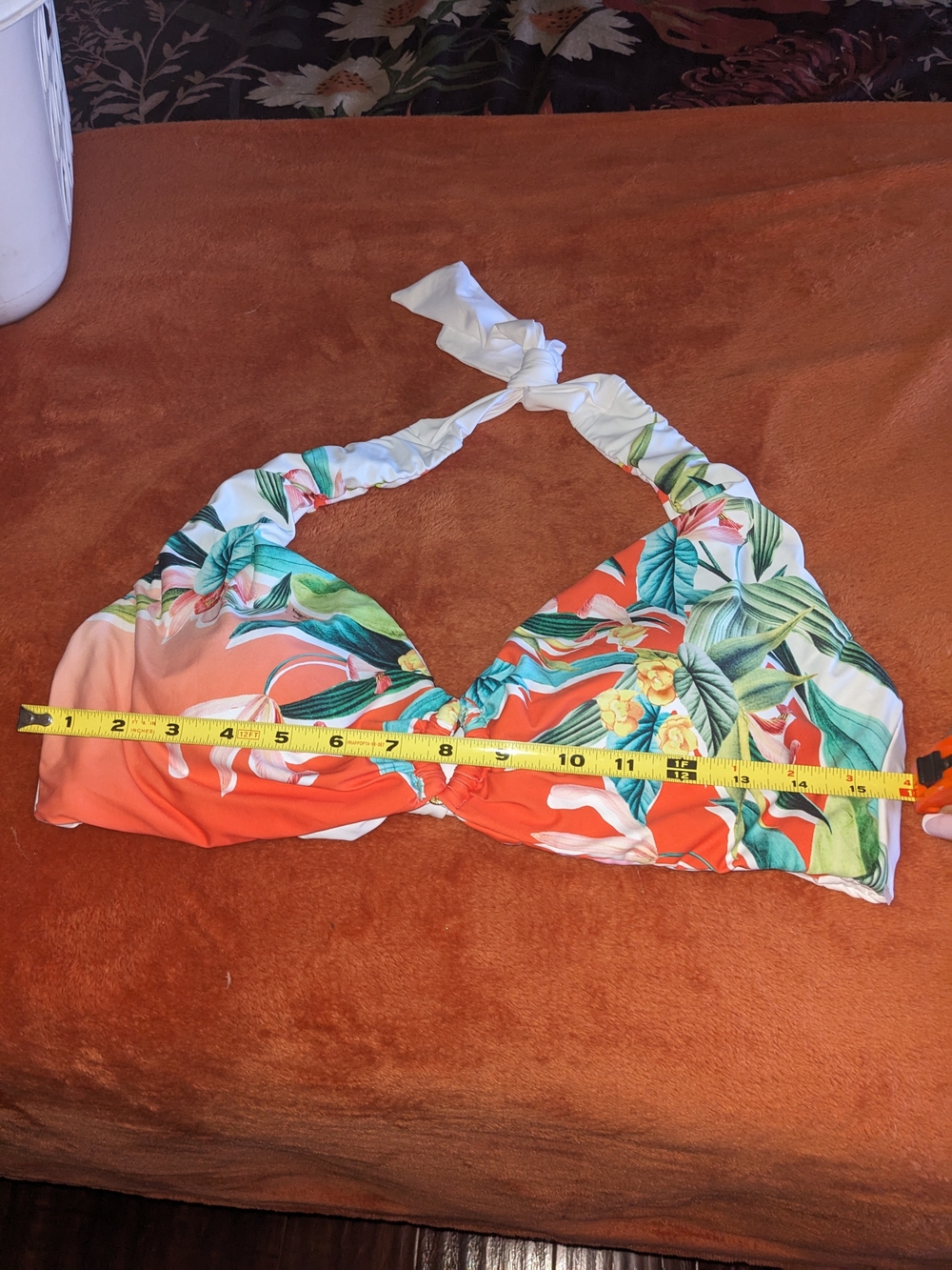 Trina Turk White Tropical Floral Print Bikini Top with Coral and Teal Accents